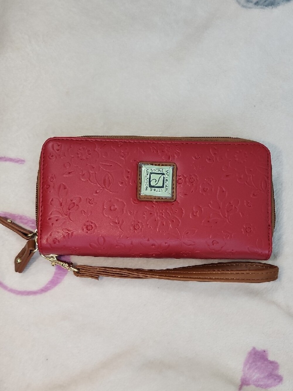 Stone Mountain Red Embossed Floral Double Zip Wristlet Wallet